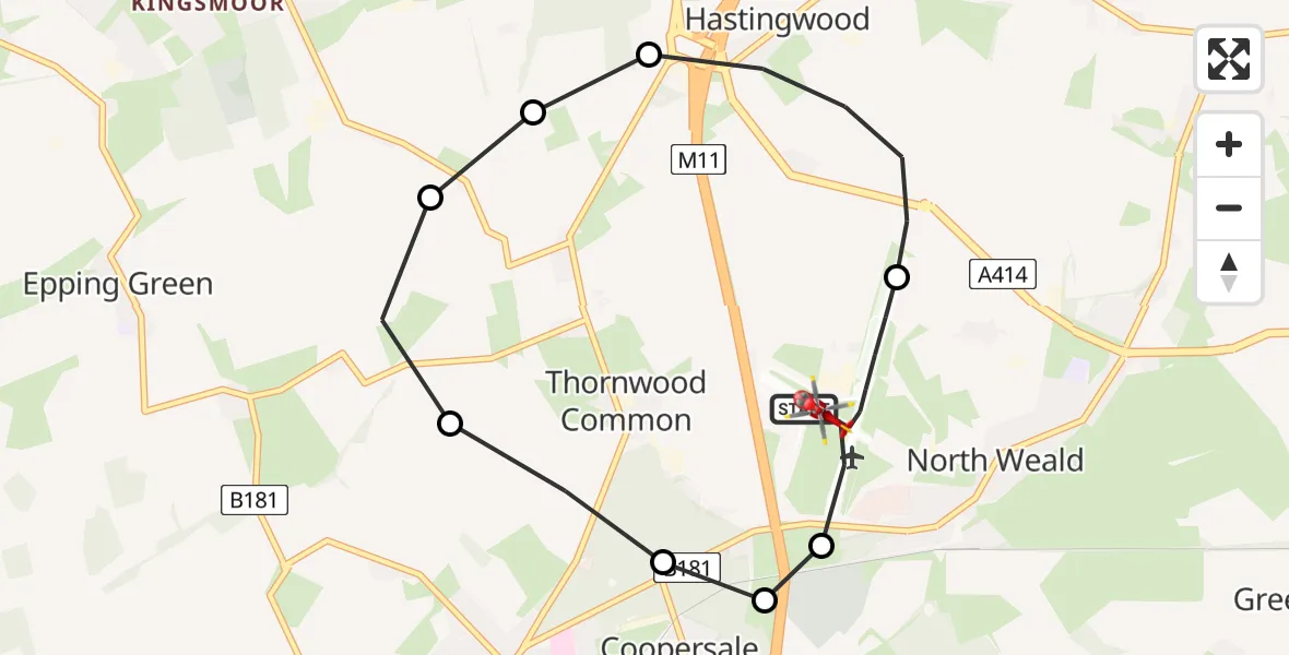 Flight path map showing Air Ambulance Helicopter route from North Weald Airfield to North Weald Airfield