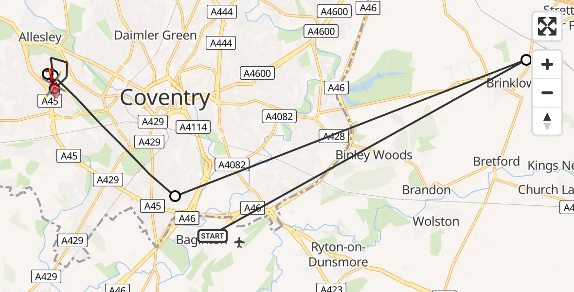 Flight path map showing Air Ambulance Helicopter route from Coventry Airport to Allesley