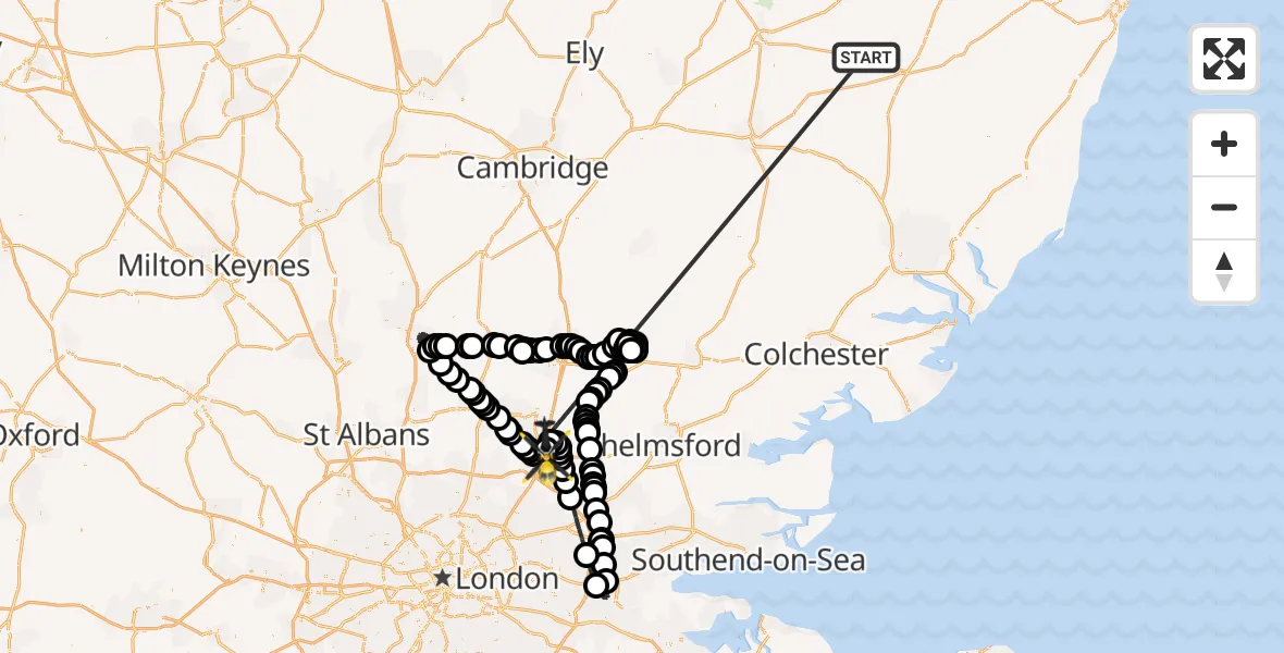 Flight path map showing Police Helicopter route from South Norfolk to North Weald Airfield