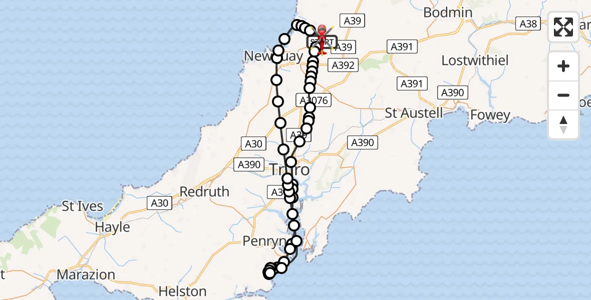 Flight path map showing Air Ambulance Helicopter route from Cornwall Airport Newquay to Cornwall Airport Newquay