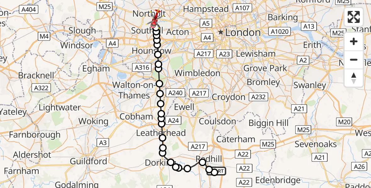 Flight path map showing Air Ambulance Helicopter route from Redhill Aerodrome to London Borough of Ealing