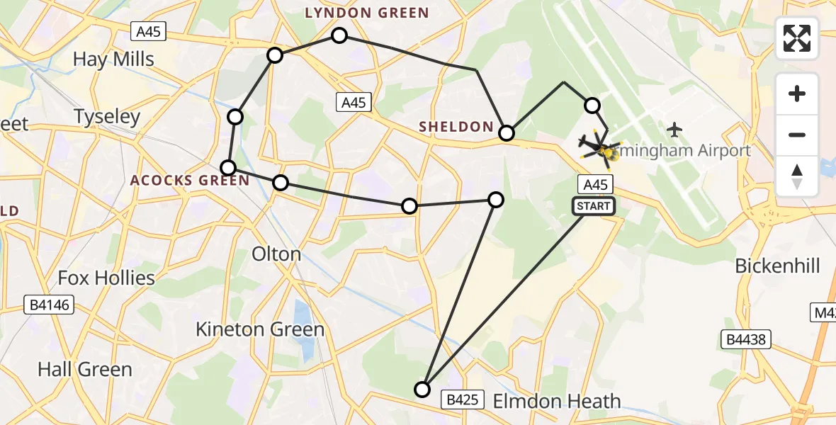 Flight path map showing Police Helicopter route from Birmingham Airport to Birmingham Airport
