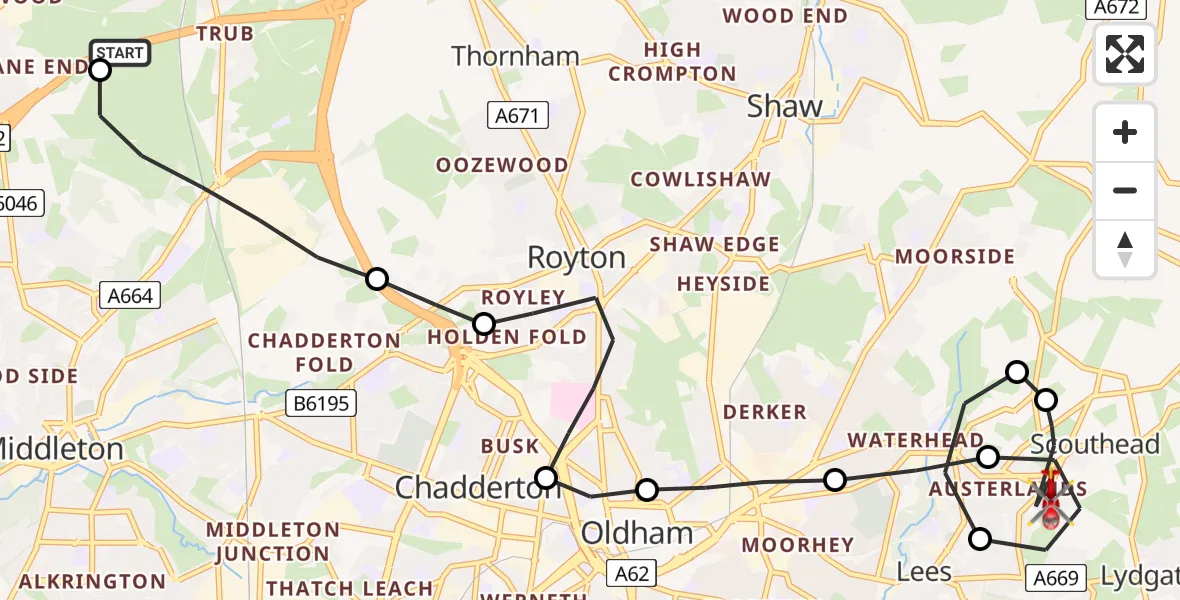Flight path map showing Air Ambulance Helicopter route from Castleton to Scouthead