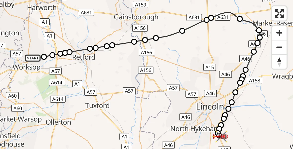 Flight path map showing Air Ambulance Helicopter route from Worksop to North Kesteven