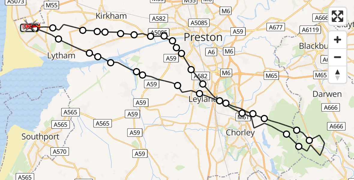 Flight path map showing Air Ambulance Helicopter route from Blackpool Airport to Blackpool Airport