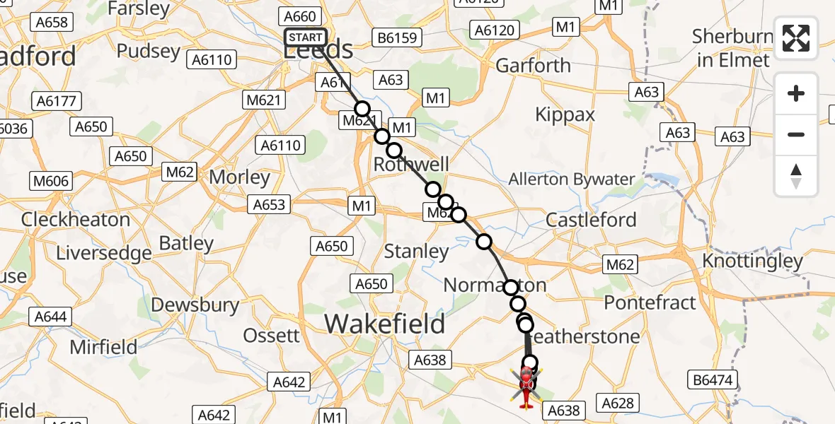 Flight path map showing Air Ambulance Helicopter route from Leeds to YAA Nostell Helicopter Port