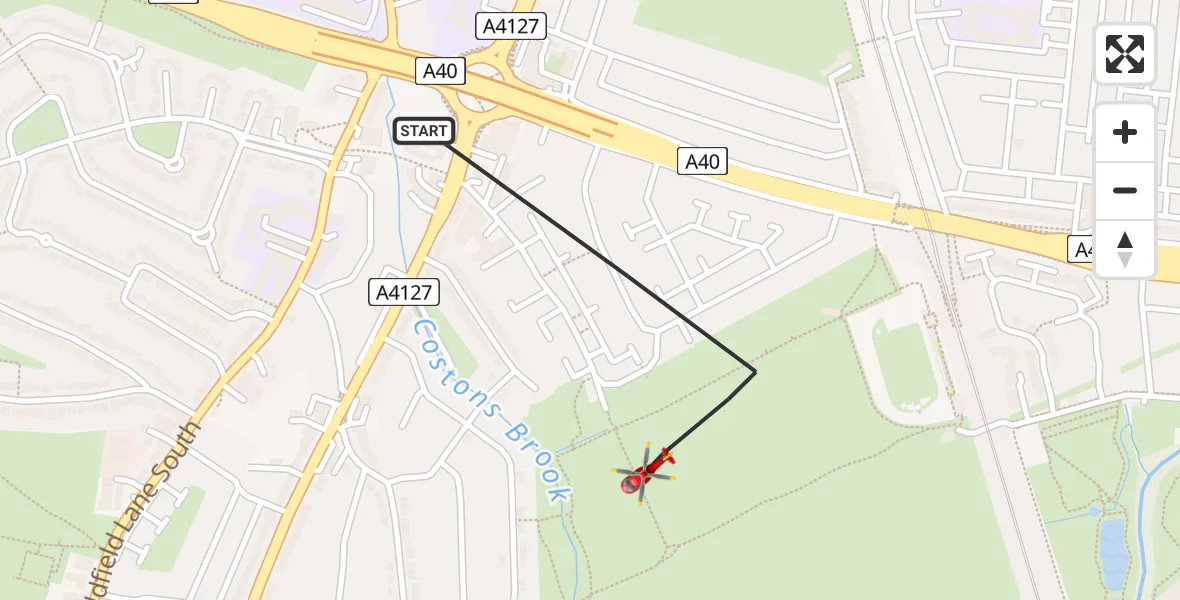 Flight path map showing Air Ambulance Helicopter route from London Borough of Ealing to London Borough of Ealing
