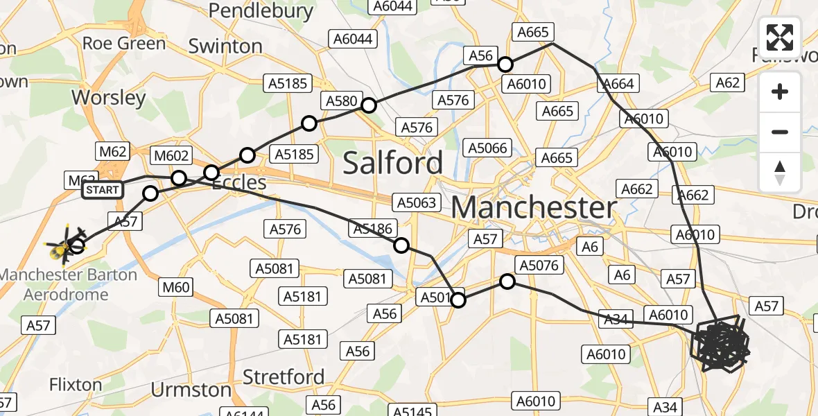 Flight path map showing Police Helicopter route from Worsley to Manchester Barton Aerodrome