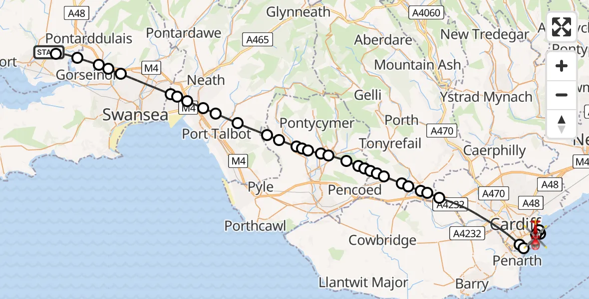 Flight path map showing Air Ambulance Helicopter route from Dafen to Cardiff Heliport