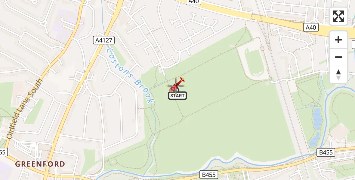Flight path map showing Air Ambulance Helicopter route from London Borough of Ealing to London Borough of Ealing