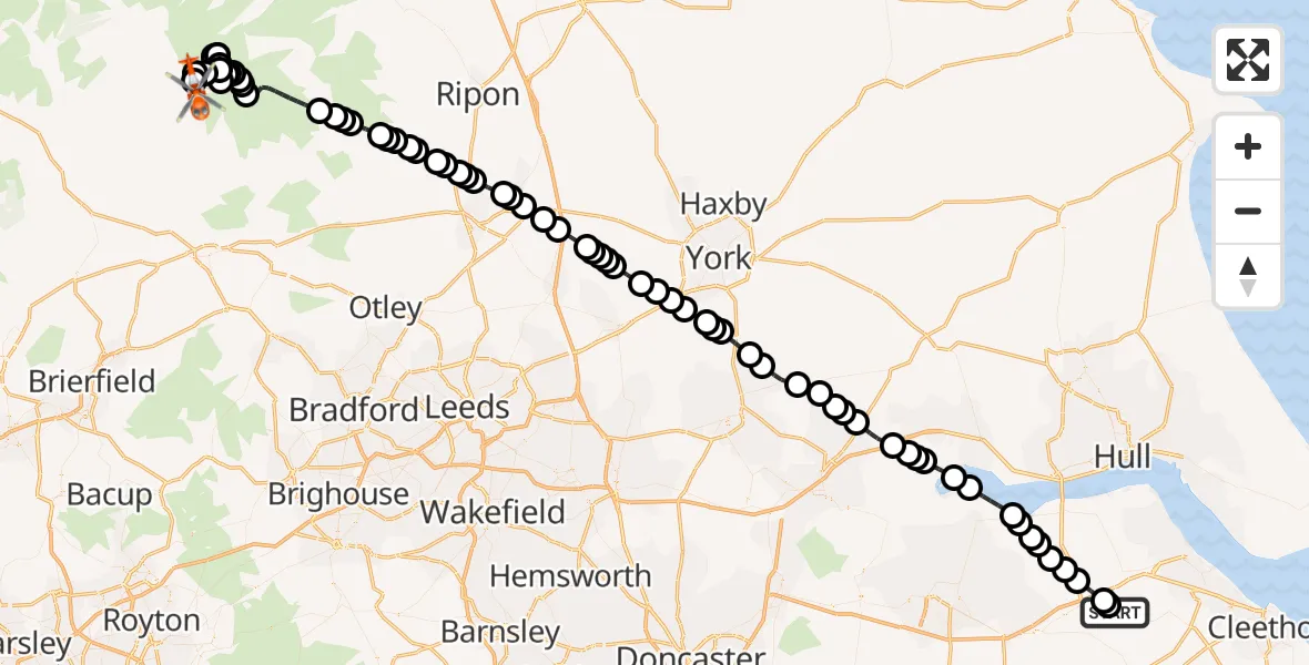 Flight path map showing Coastguard Helicopter route from Humberside Airport to Kettlewell