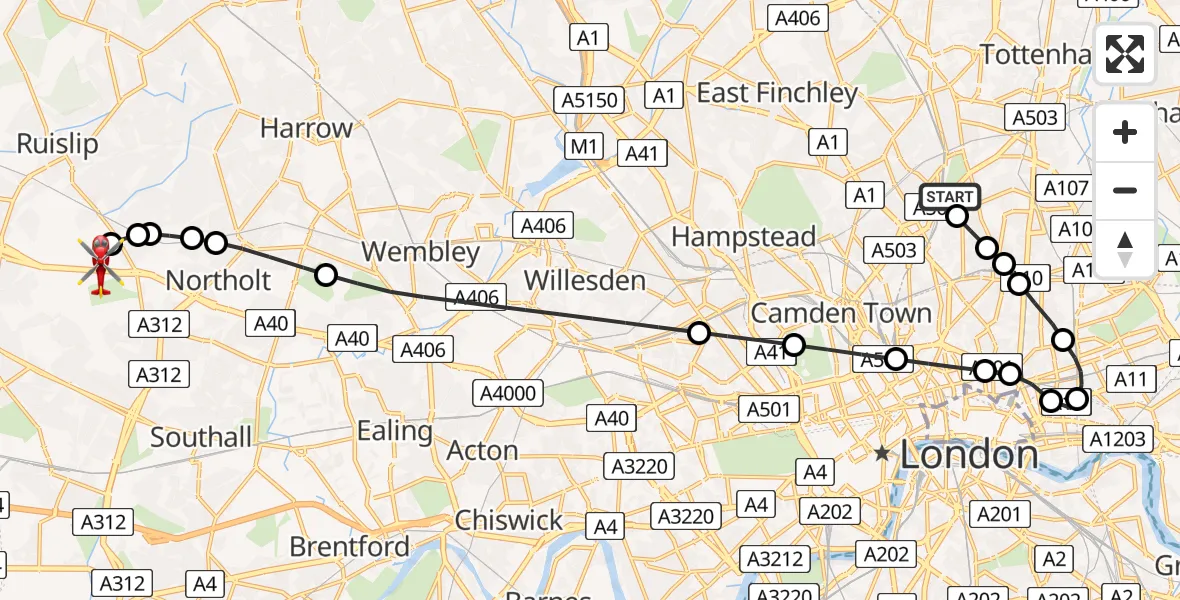 Flight path map showing Air Ambulance Helicopter route from London Borough of Hackney to RAF Northolt