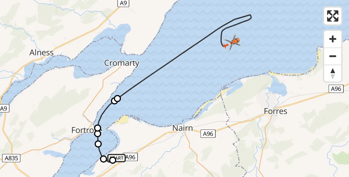 Flight path map showing Coastguard Helicopter route from Inverness Airport to North Sea