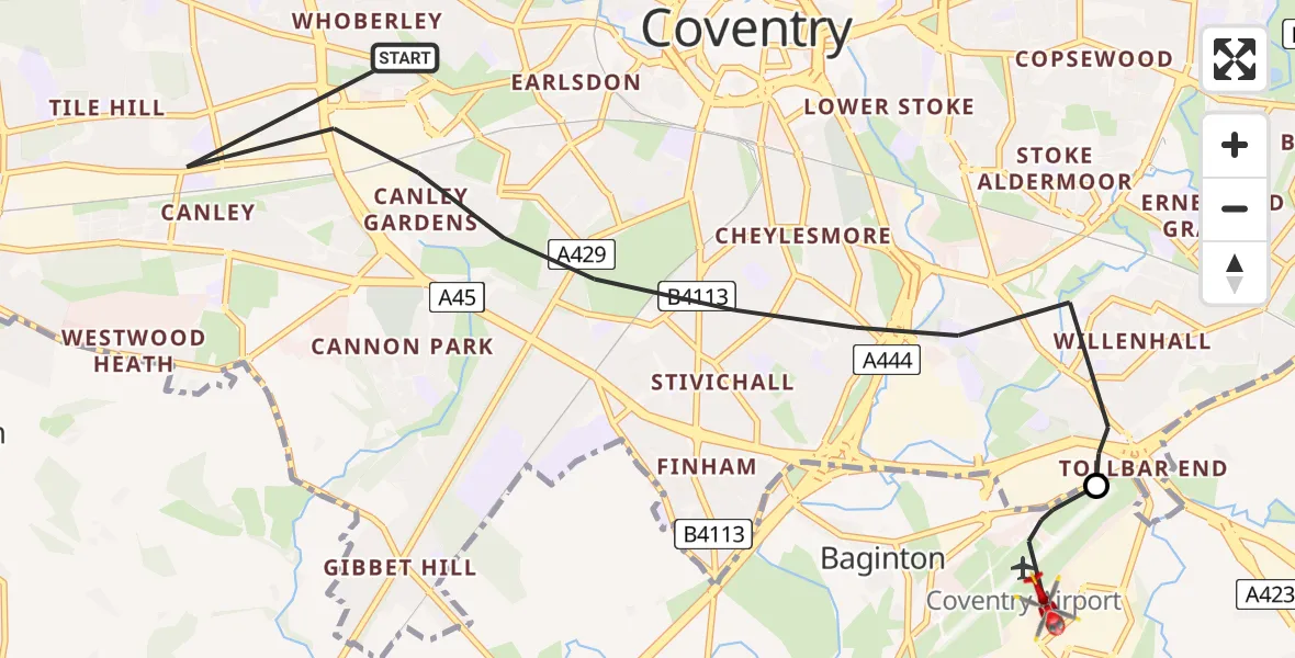 Flight path map showing Air Ambulance Helicopter route from Coventry to Coventry Airport