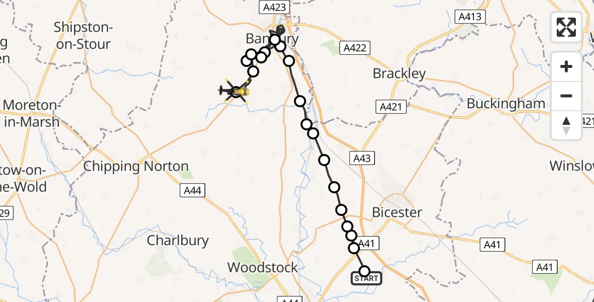 Flight path map showing Police Helicopter route from Charlton-on-Otmoor to Milcombe