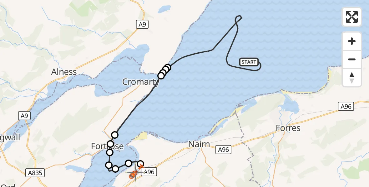 Flight path map showing Coastguard Helicopter route from North Sea to Inverness Airport