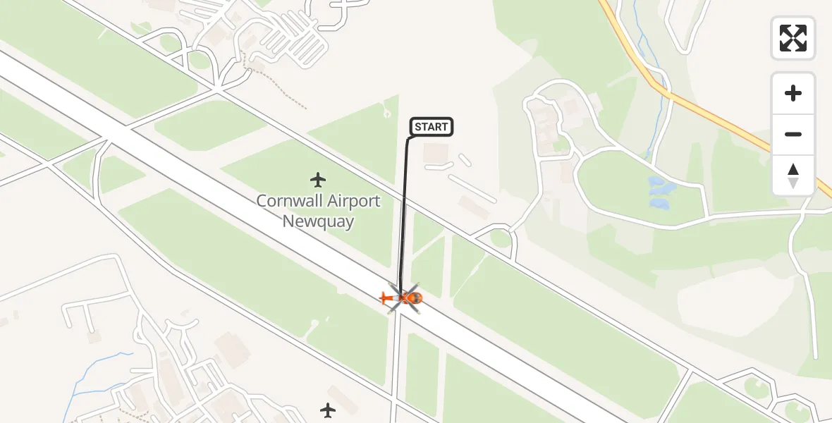 Flight path map showing Coastguard Helicopter route from Cornwall Airport Newquay to Cornwall Airport Newquay