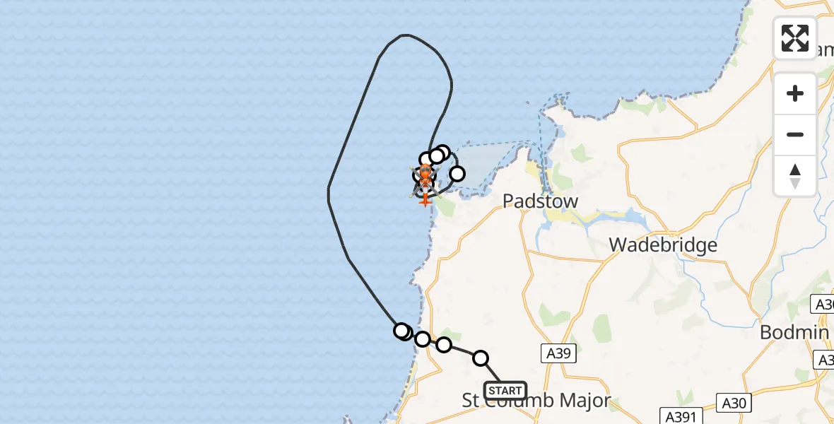 Flight path map showing Coastguard Helicopter route from Gluvian to St. Merryn