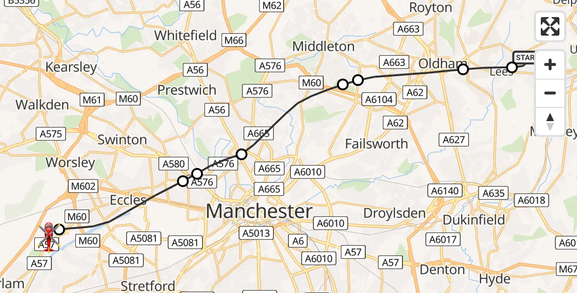 Flight path map showing Air Ambulance Helicopter route from Scouthead to Manchester Barton Aerodrome
