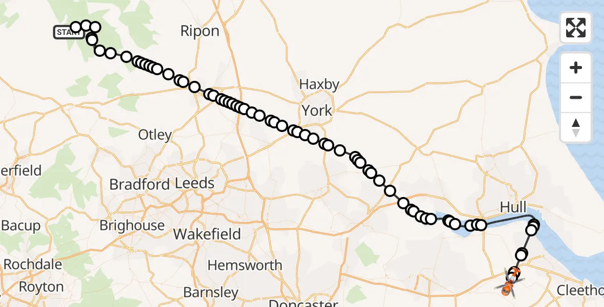 Flight path map showing Coastguard Helicopter route from Kettlewell with Starbotton to Humberside Airport