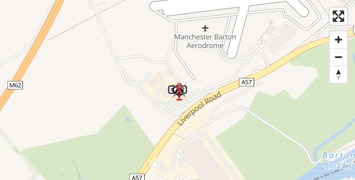 Flight path map showing Air Ambulance Helicopter route from Manchester Barton Aerodrome to Irlam