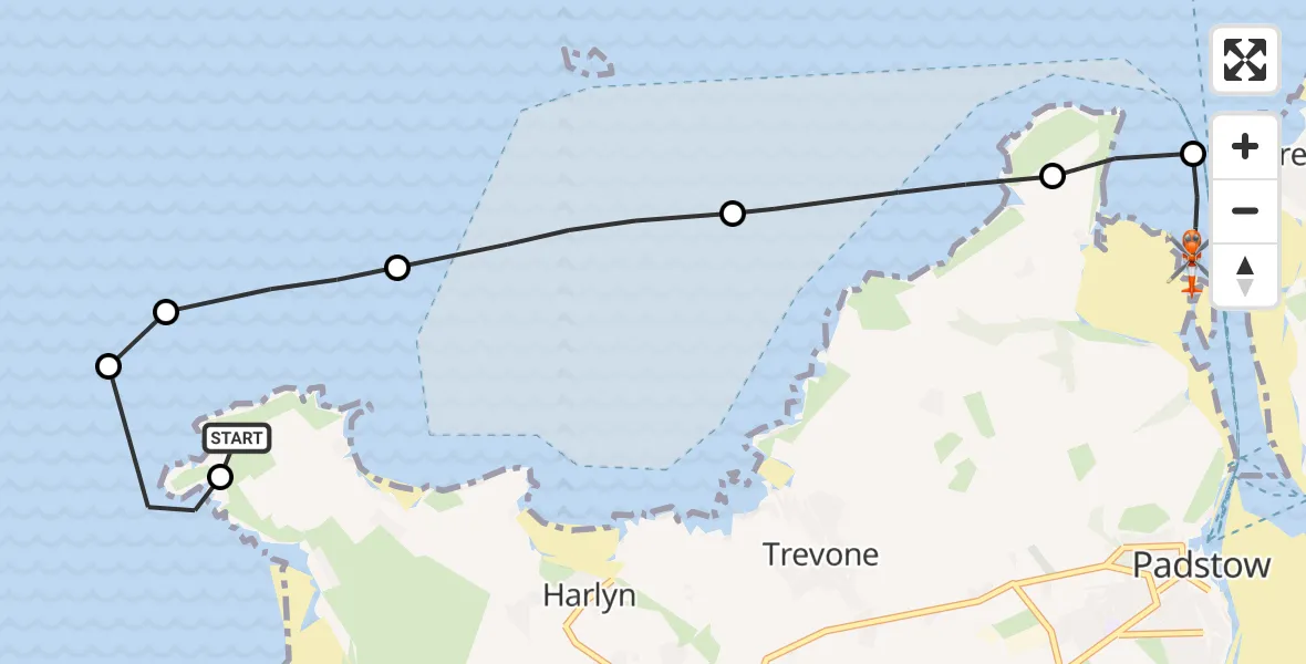 Flight path map showing Coastguard Helicopter route from St. Merryn to Trebetherick