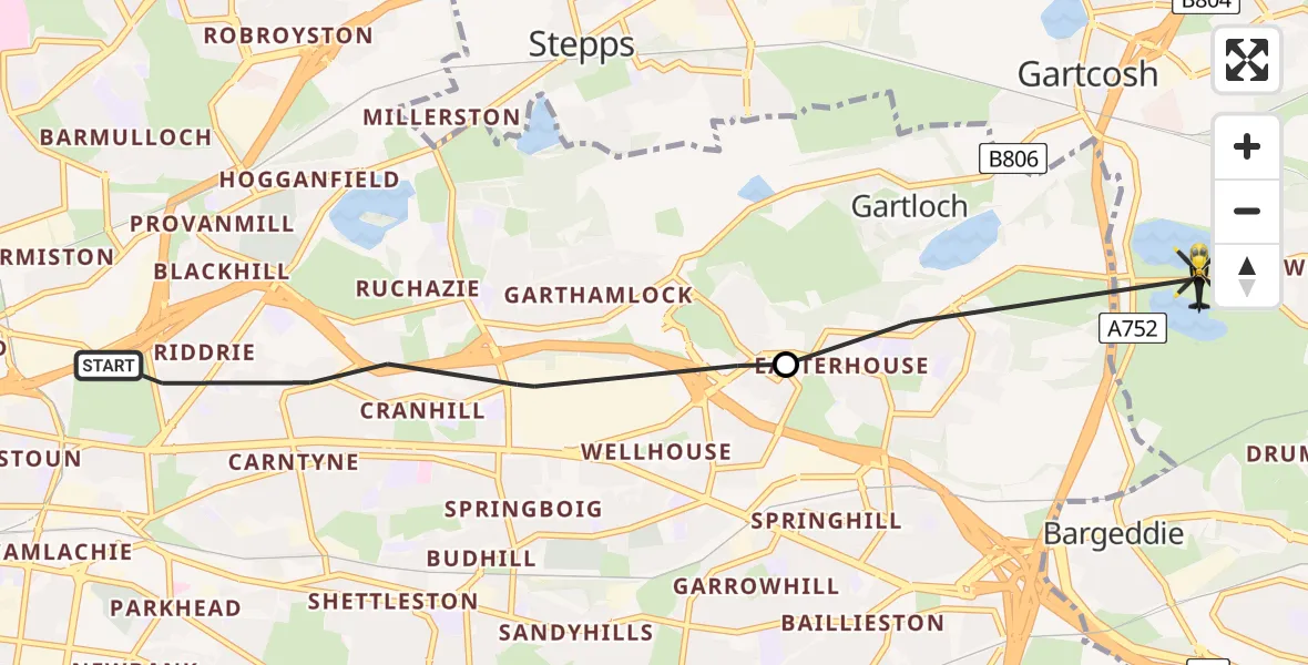 Flight path map showing Police Helicopter route from Glasgow to Gartcosh