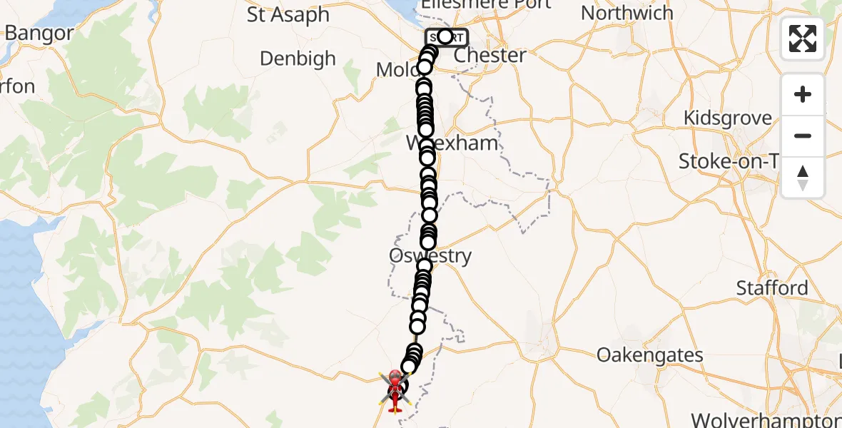 Flight path map showing Air Ambulance Helicopter route from Garden City to Welshpool Airport