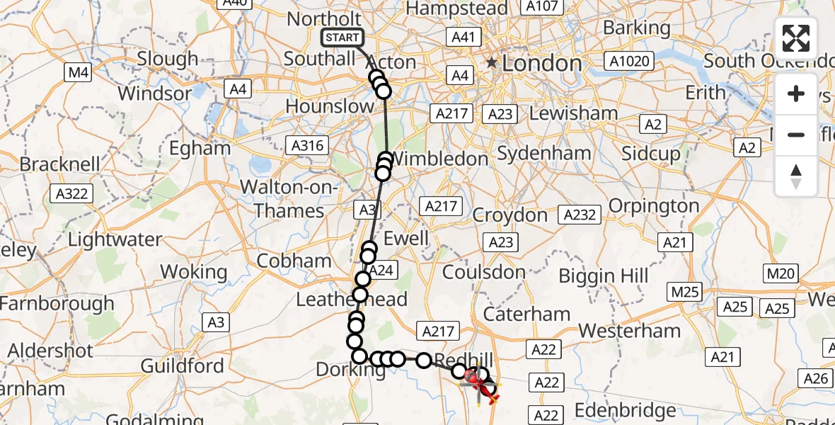 Flight path map showing Air Ambulance Helicopter route from London Borough of Ealing to Redhill Aerodrome