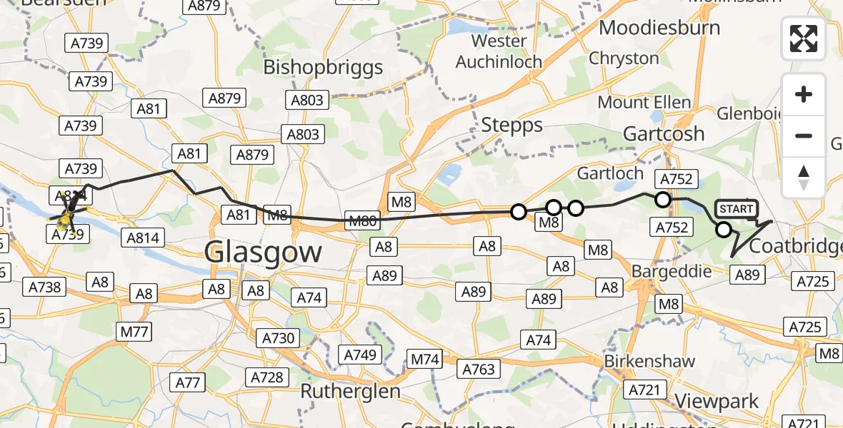 Flight path map showing Police Helicopter route from Coatbridge to Glasgow