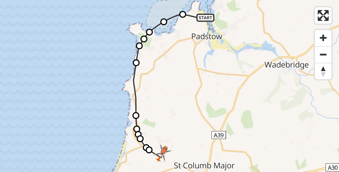 Flight path map showing Coastguard Helicopter route from Padstow to Cornwall Airport Newquay