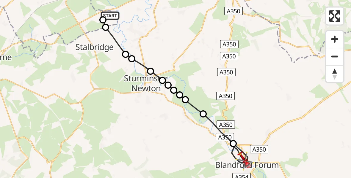 Flight path map showing Air Ambulance Helicopter route from Henstridge Airfield to Blandford Forum