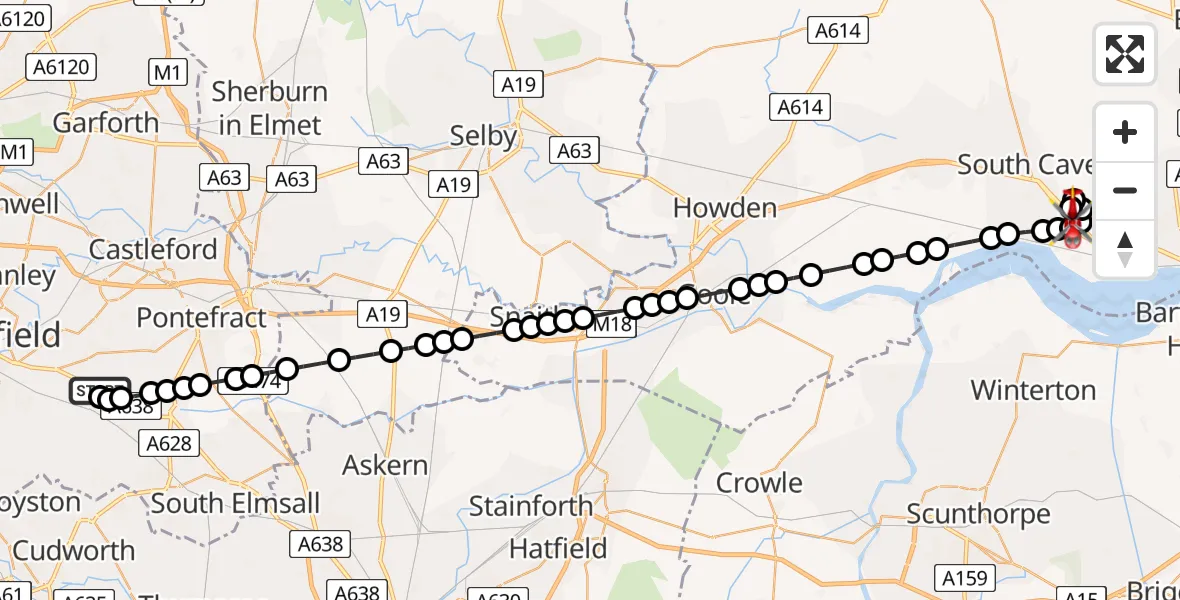 Flight path map showing Air Ambulance Helicopter route from YAA Nostell Helicopter Port to Elloughton