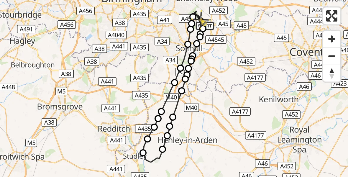 Flight path map showing Police Helicopter route from Birmingham Airport to Birmingham Airport