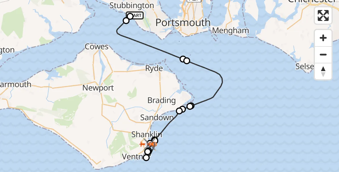 Flight path map showing Coastguard Helicopter route from Solent Airport to Shanklin