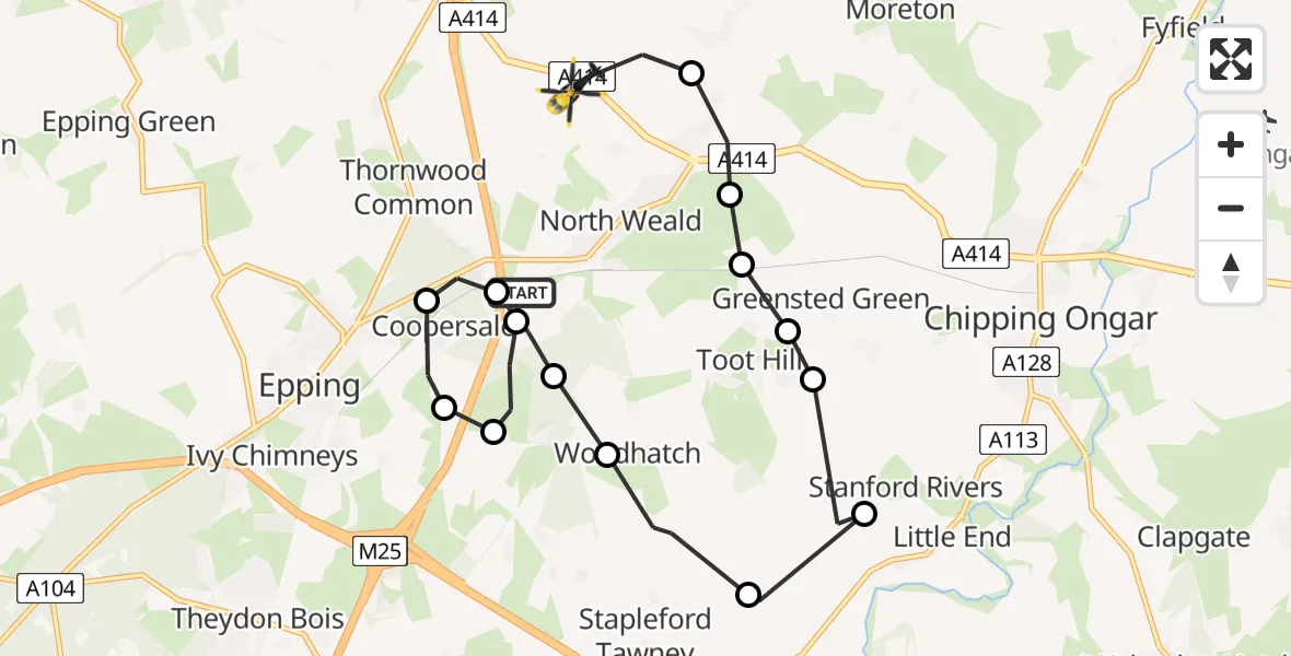 Flight path map showing Police Helicopter route from North Weald Airfield to North Weald Bassett