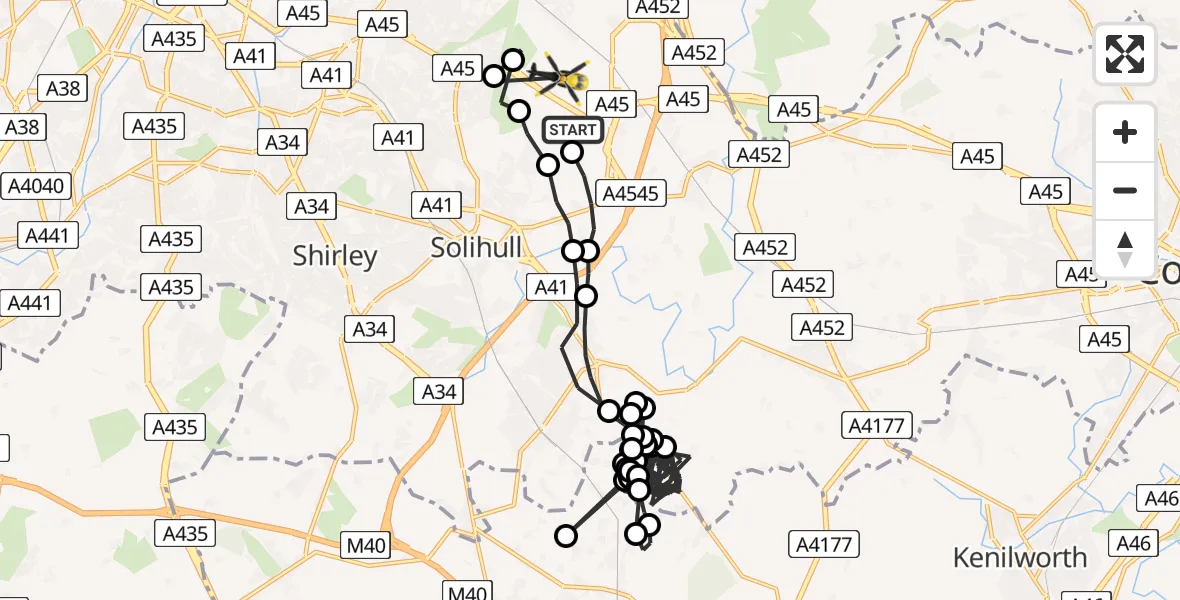 Flight path map showing Police Helicopter route from Birmingham Airport to Birmingham Airport
