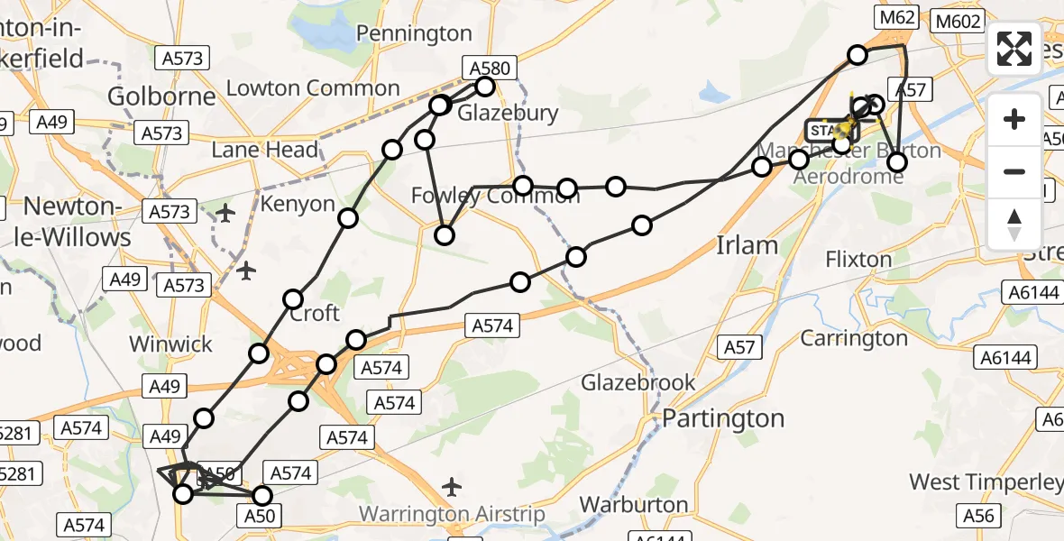 Flight path map showing Police Helicopter route from Manchester Barton Aerodrome to Manchester Barton Aerodrome