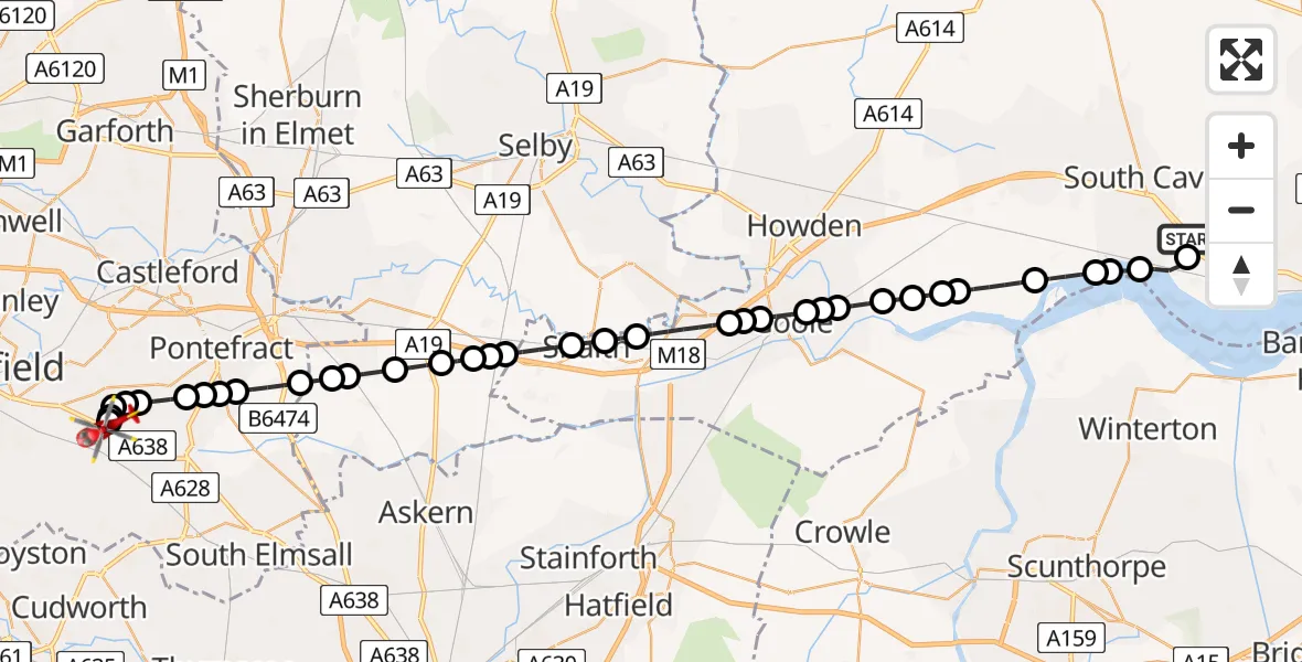 Flight path map showing Air Ambulance Helicopter route from Elloughton to YAA Nostell Helicopter Port