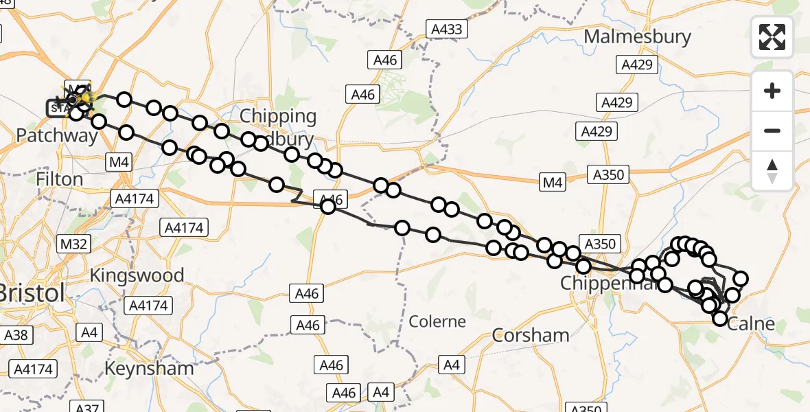 Flight path map showing Police Helicopter route from Almondsbury Helicopter Base to Almondsbury Helicopter Base