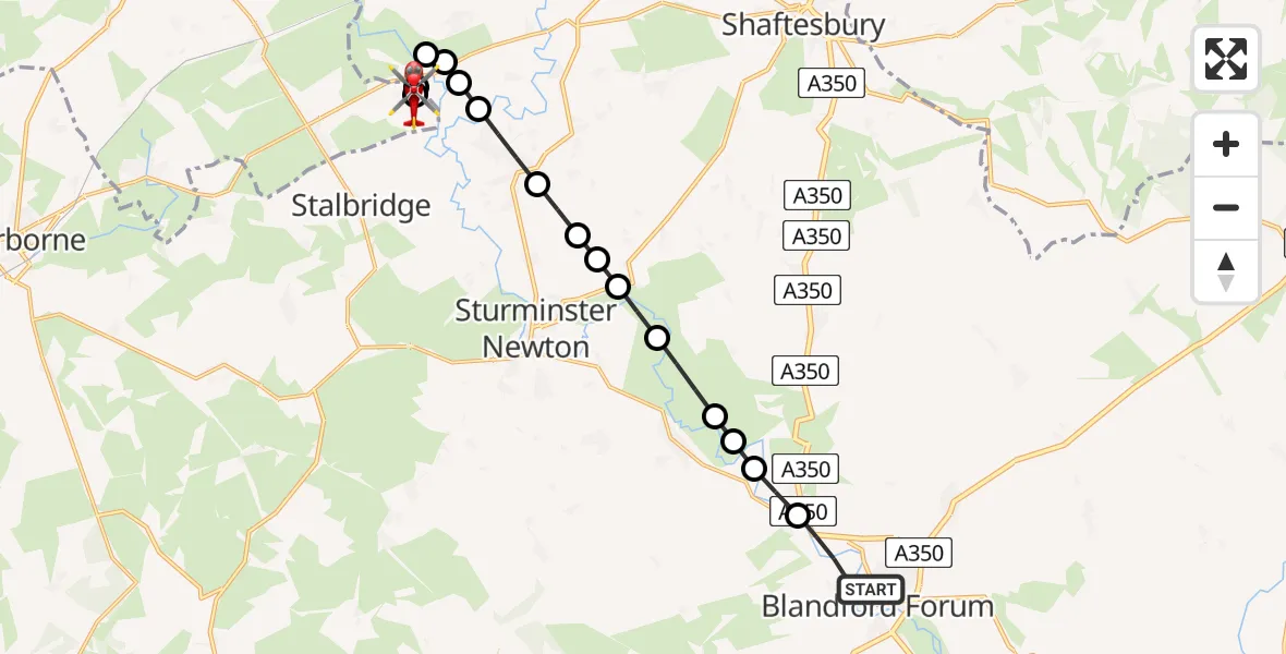 Flight path map showing Air Ambulance Helicopter route from Blandford Forum to Henstridge Airfield
