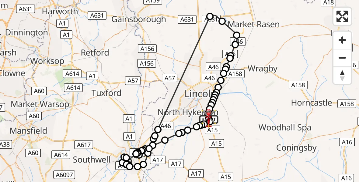 Flight path map showing Air Ambulance Helicopter route from RAF Waddington to North Kesteven