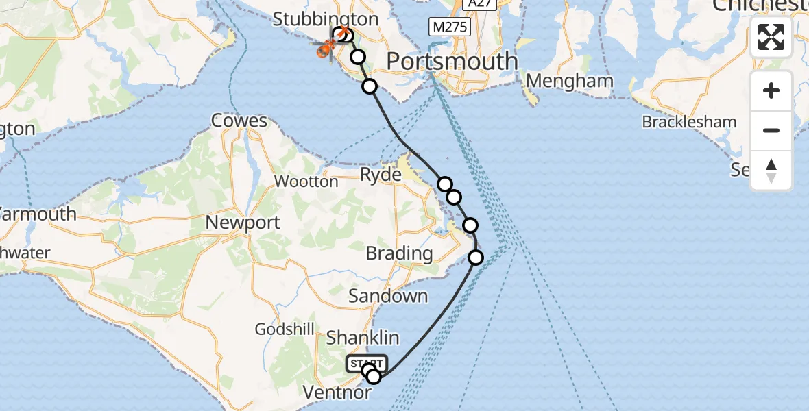 Flight path map showing Coastguard Helicopter route from Shanklin to Solent Airport