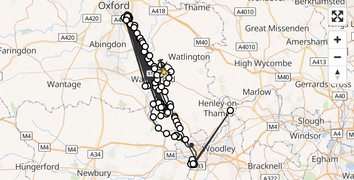 Flight path map showing Police Helicopter route from Benson to RAF Benson