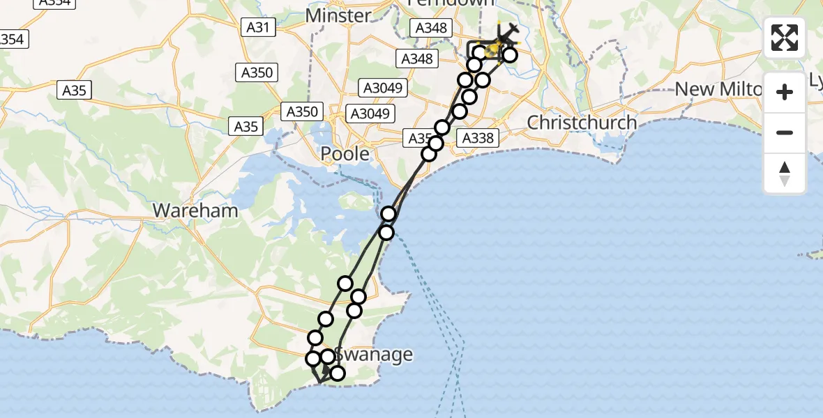 Flight path map showing Police Helicopter route from Bournemouth Airport to Bournemouth Airport