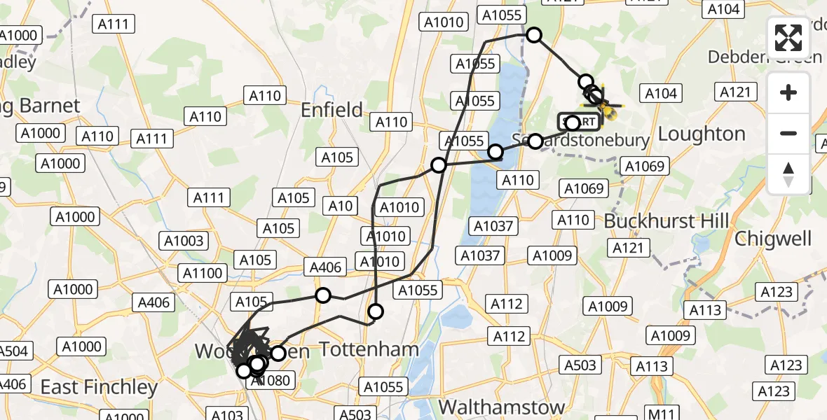 Flight path map showing Police Helicopter route from Sewardstonebury to Metropolitan Police Air Support Unit Lippitts Hill