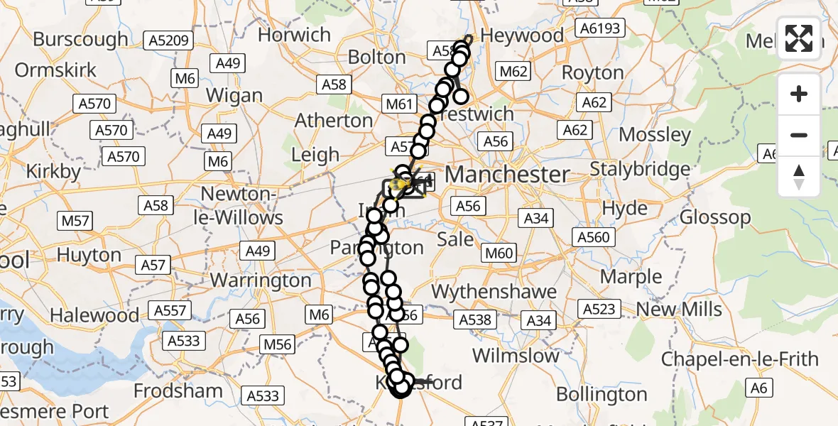Flight path map showing Police Helicopter route from Manchester Barton Aerodrome to Eccles