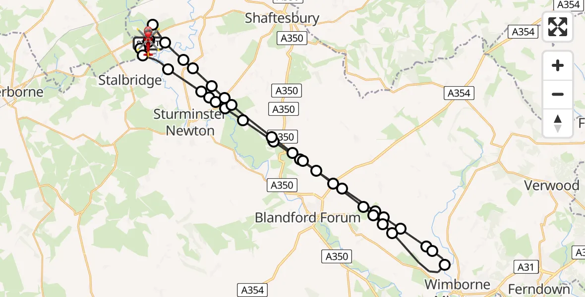 Flight path map showing Air Ambulance Helicopter route from Henstridge Airfield to Henstridge Airfield