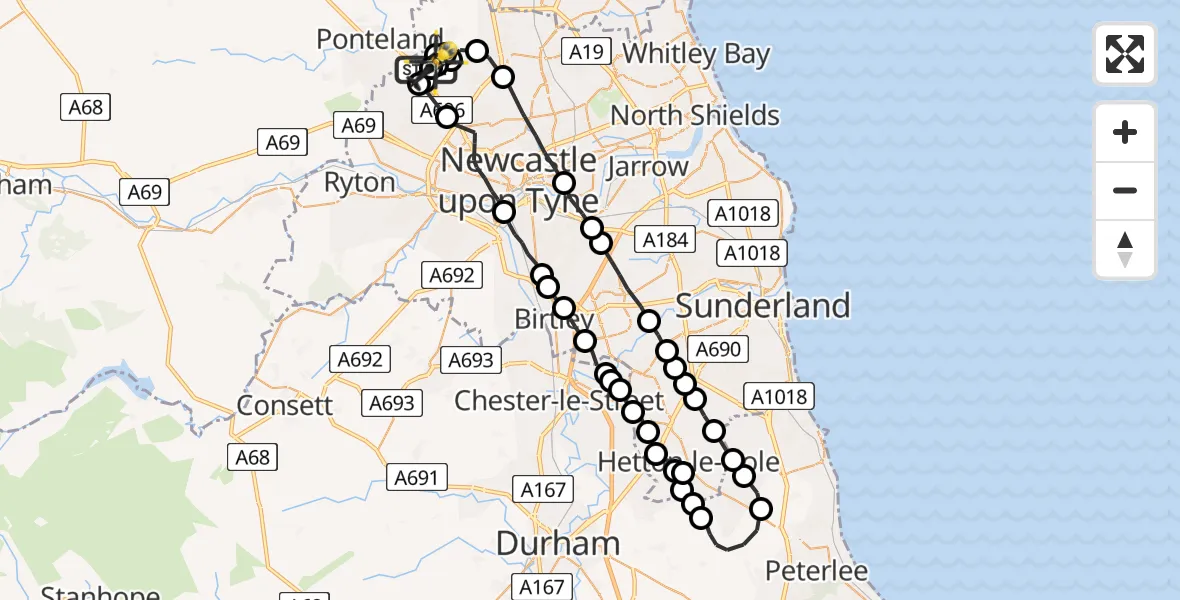 Flight path map showing Police Helicopter route from Newcastle International Airport to Newcastle International Airport