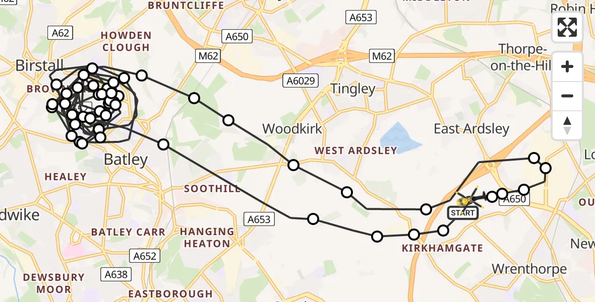 Flight path map showing Police Helicopter route from East Ardsley to East Ardsley